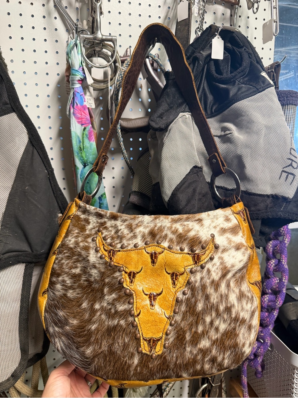Western Hair On Hide Shoulder Bag with Bull Skull Accent - Tan/Brown